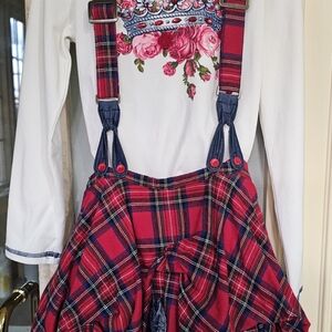 Kate Mack Like NEW Red Plaid Suspender Balloon Skirt with Rose Detail Floral Top